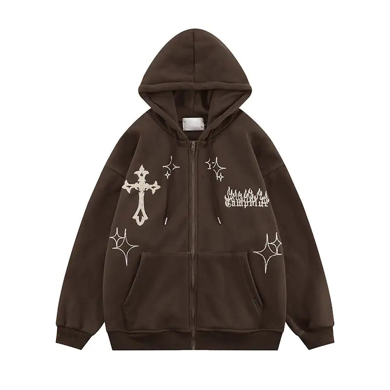 Cross Embroidery Zipper Hoodie