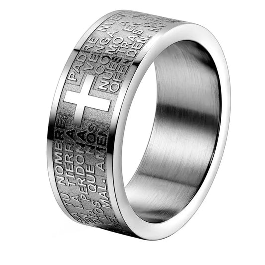 Fashion Stainless Steel Ring Lord's Prayer Bible Cross