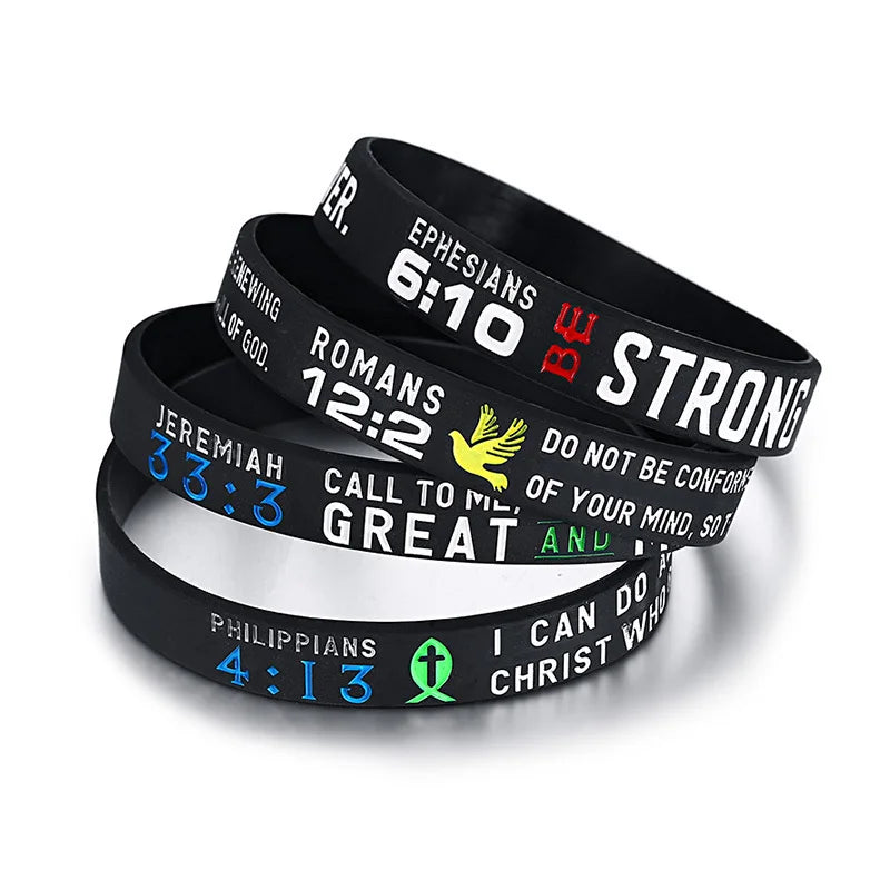 4Pcs Set Men's Rubber Bracelet with "Power of Faith" Bible Verse