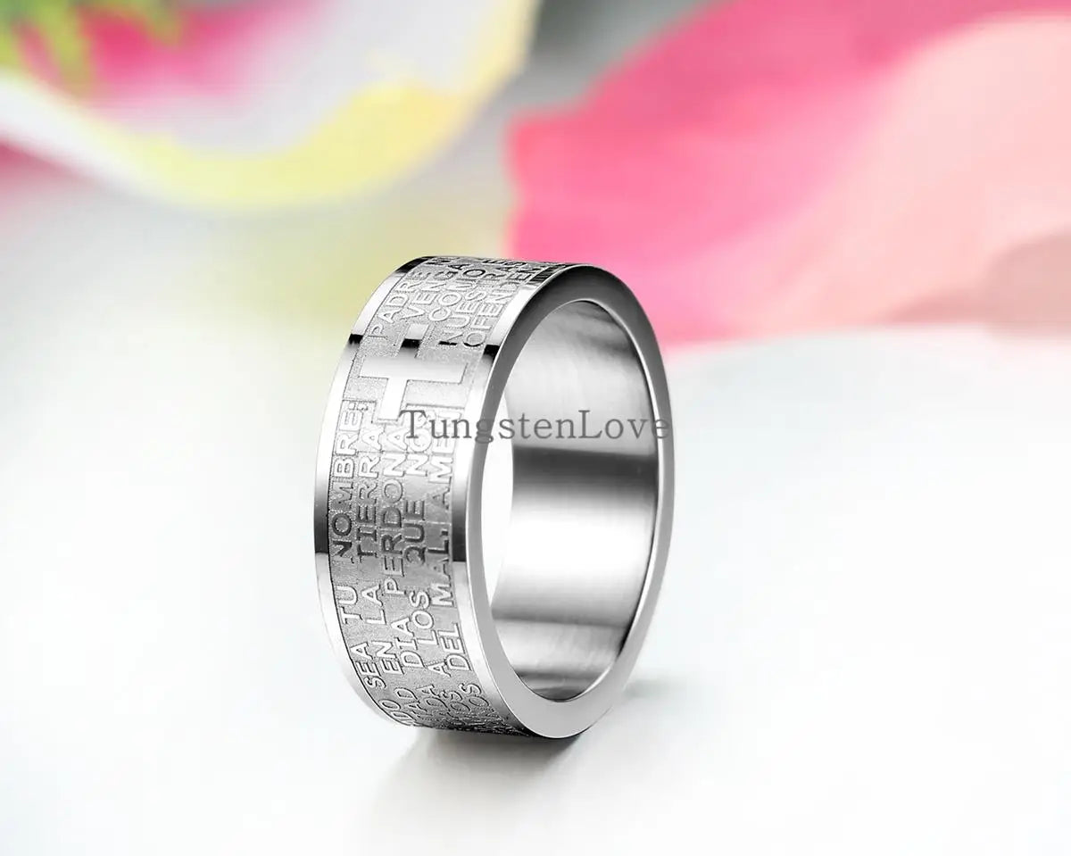 Fashion Stainless Steel Ring Lord's Prayer Bible Cross