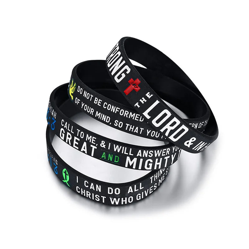 4Pcs Set Men's Rubber Bracelet with "Power of Faith" Bible Verse