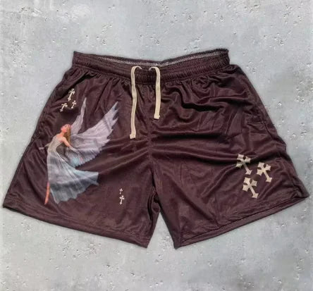 Y2K Christian Angel Cross Print Shorts