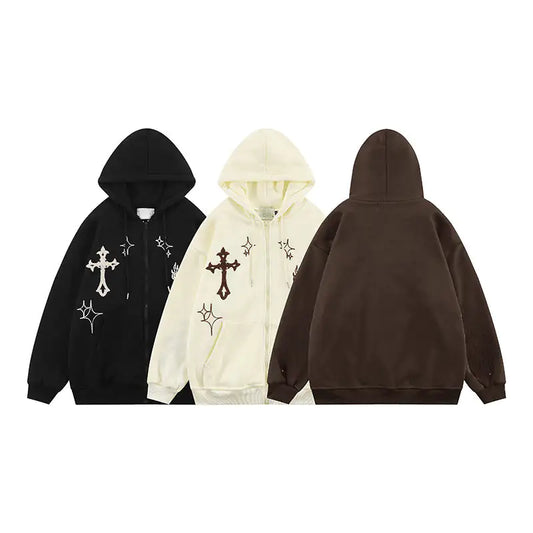 Cross Embroidery Zipper Hoodie